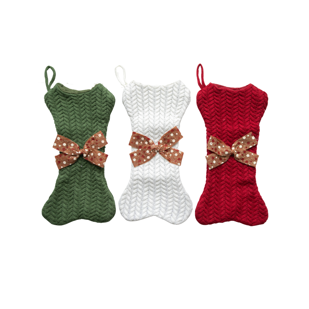 Knitted Christmas Dog Bone Shaped Stockings With Bow